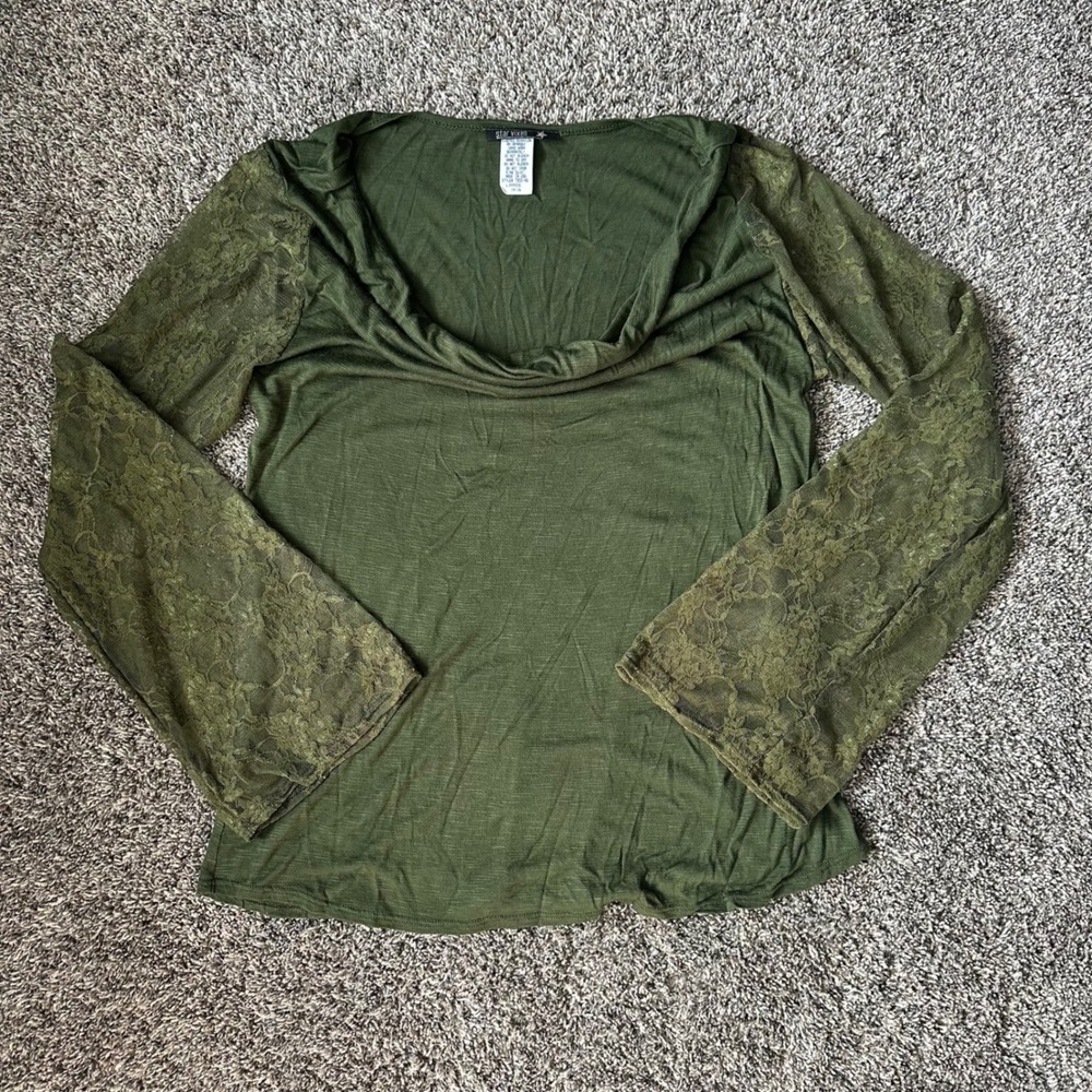 Star Vixen Top Large Olive Green Lace Bell Sleeve Cowl Neck 7555-RS